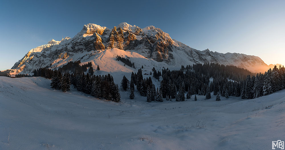 Panorama Winter Winterlandschaft Alpstein Säntis St. Gallen Appenzellerland Schweiz Sonnenuntergang