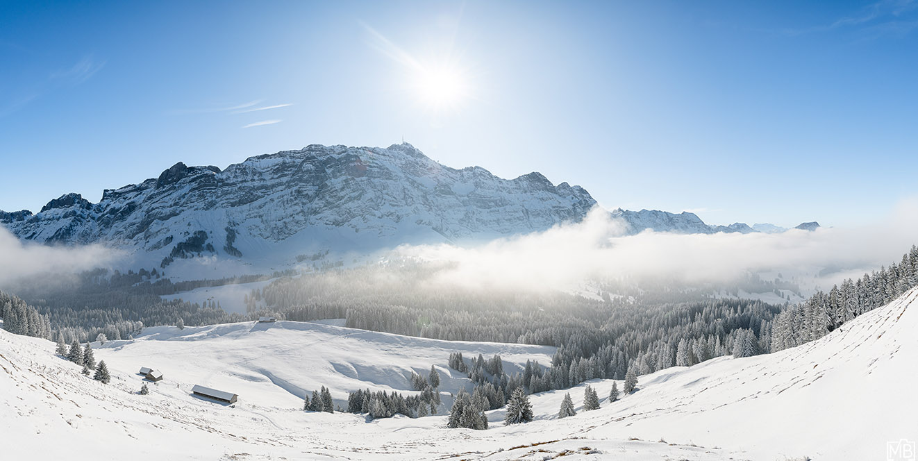 Panorama Winter Winterlandschaft Alpstein Säntis St. Gallen Appenzellerland Schweiz